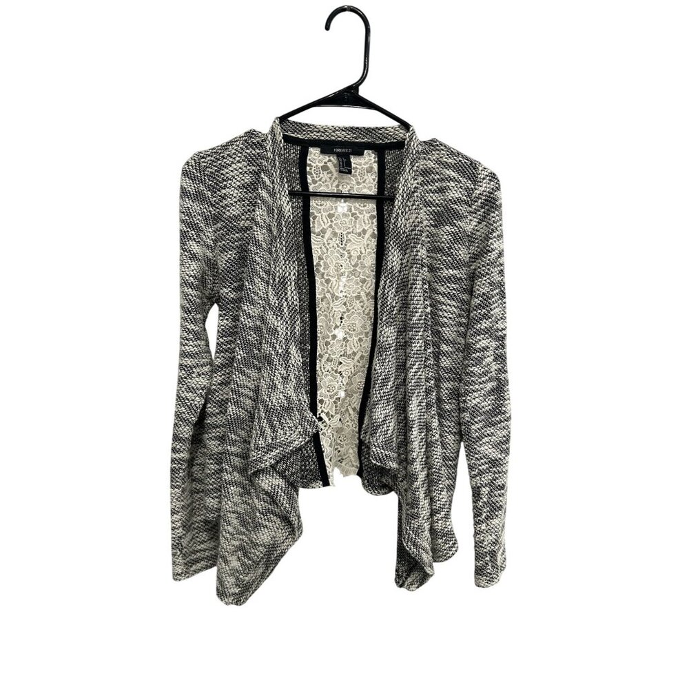 Forever 21 Open Front Mixed Media Lace Cardigan Sweater Black White Small Cozy